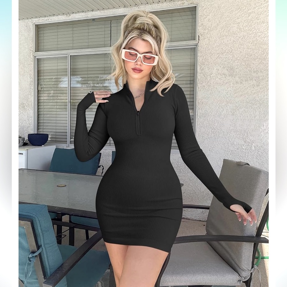 COPY - Black Insta Baddie long sleeve zipper sexy ribbed stretchy mini dress